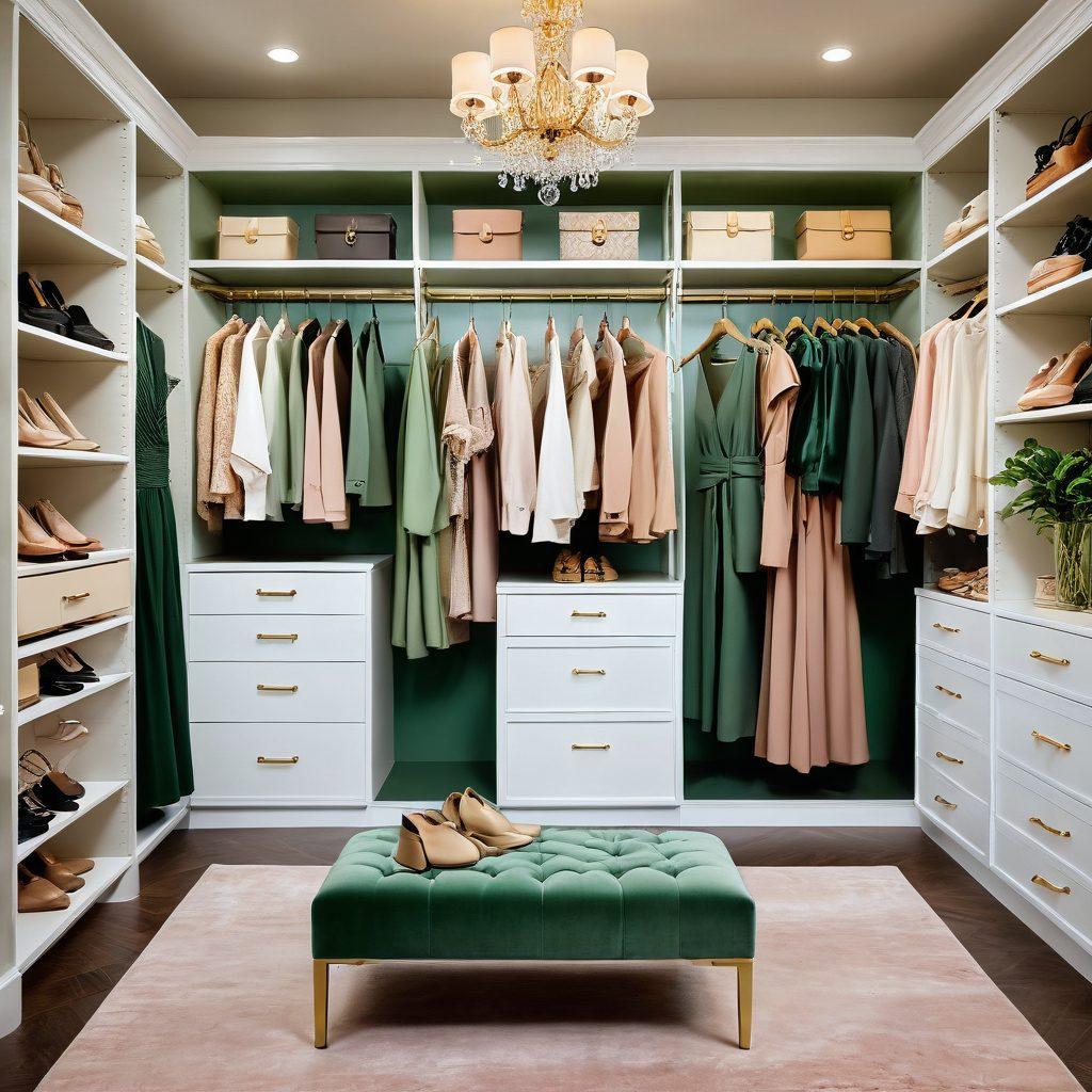 A stylish wardrobe filled with key pieces like elegant dresses, tailored suits, and chic accessories. The setting is a well-lit walk-in closet with soft pastel colors, showcasing a mannequin draped in a designer outfit and a display of high-quality shoes. Add a touch of luxury with gold accents and plants for freshness. super-realistic. vibrant colors. soft pastel background.